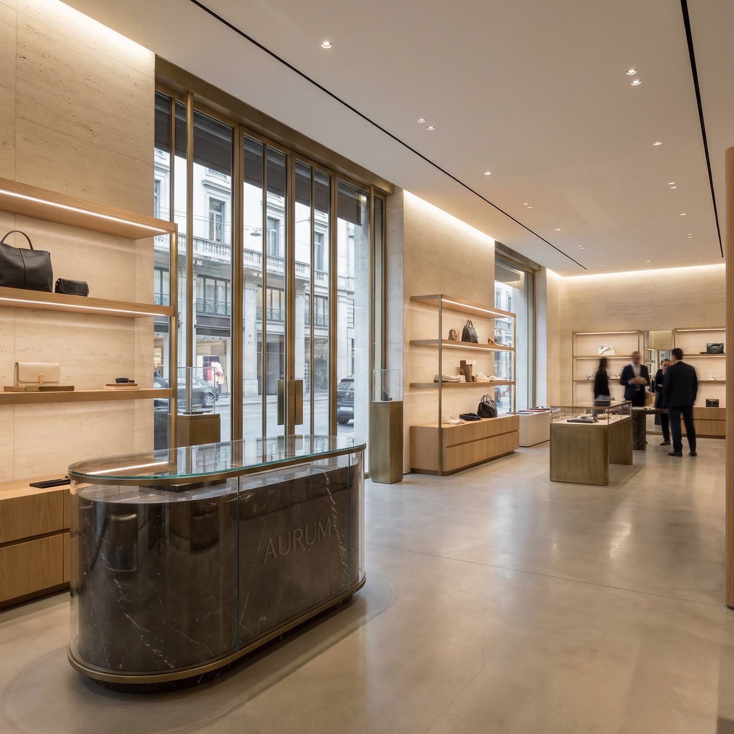 A refined boutique retail interior with warm wood shelving and a stone counter.